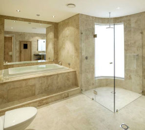 Travertine tile bathroom