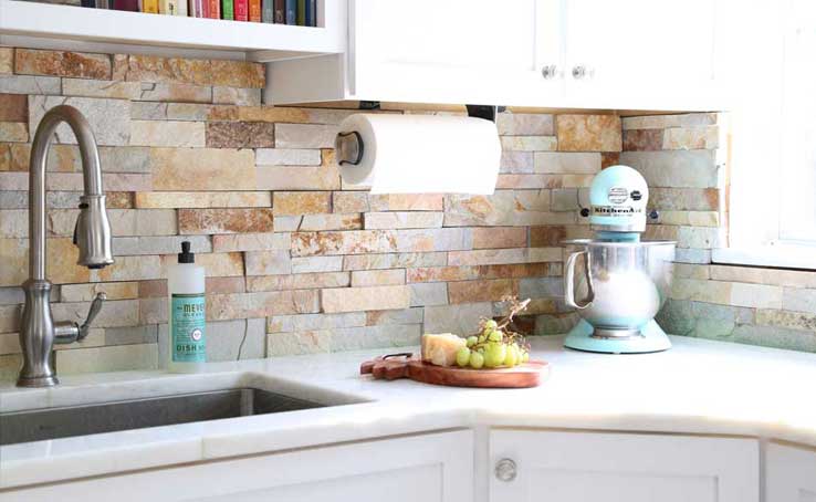 Norstone Natural Stone Kitchen Backsplash with neutral toned thin stacked stone veneer panel Aztec