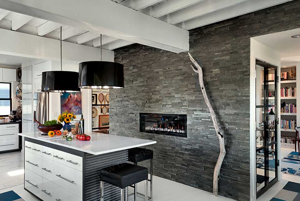 Interior Feature Wall with Grey Stacked Stone Wall Panel - Fireplace Kitchen