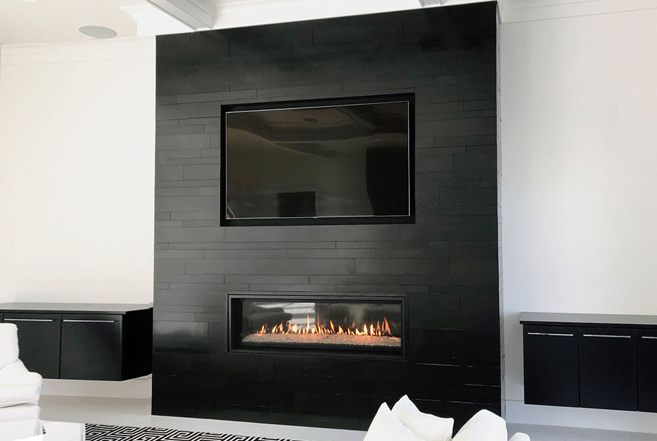 Ultra Modern Black Basalt Stone Fireplace with Norstone Building Stone PLANC