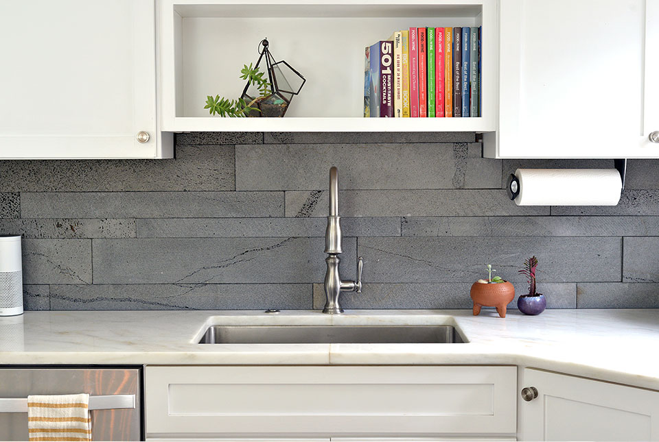 Platinum Grey Lavastone Planc Used as a Backsplash