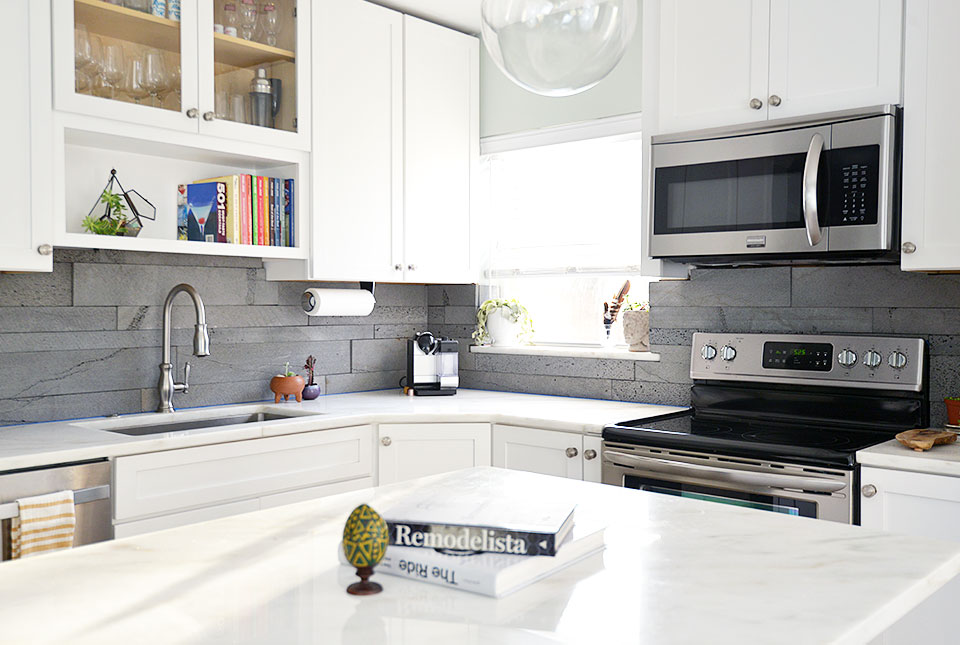 Platinum Grey Lavastone Planc Backsplash Tile in a Kitchen