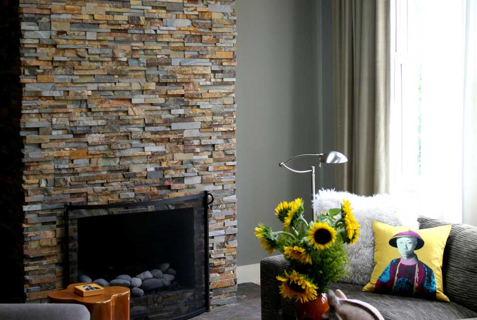 Natural Stacked Stone Veneer Fireplace