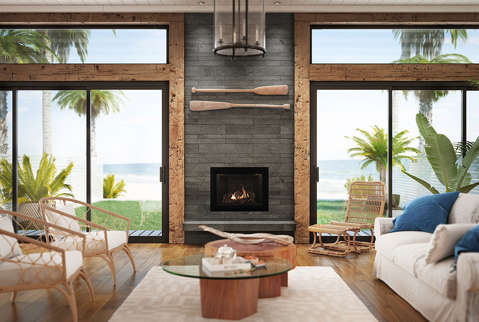 Platinum Grey Lavastone Planc Fireplace Custom Project with Reclaimed Wood Trim