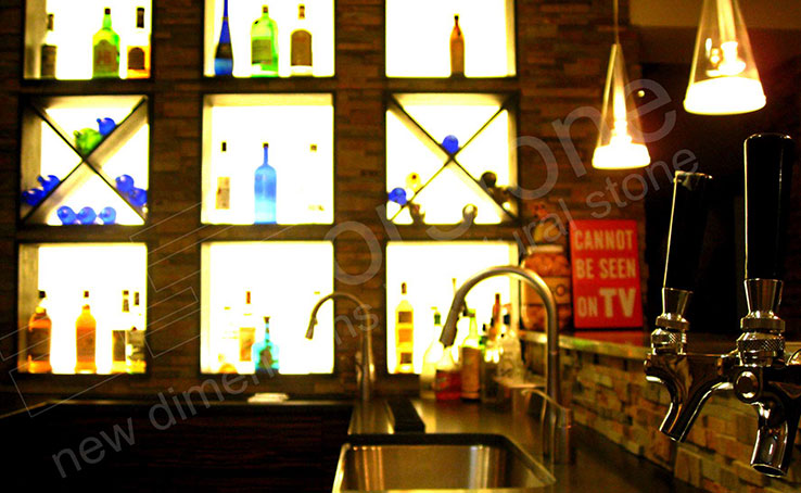 Ochre Stone Walls in Basement with Varied Light Sources