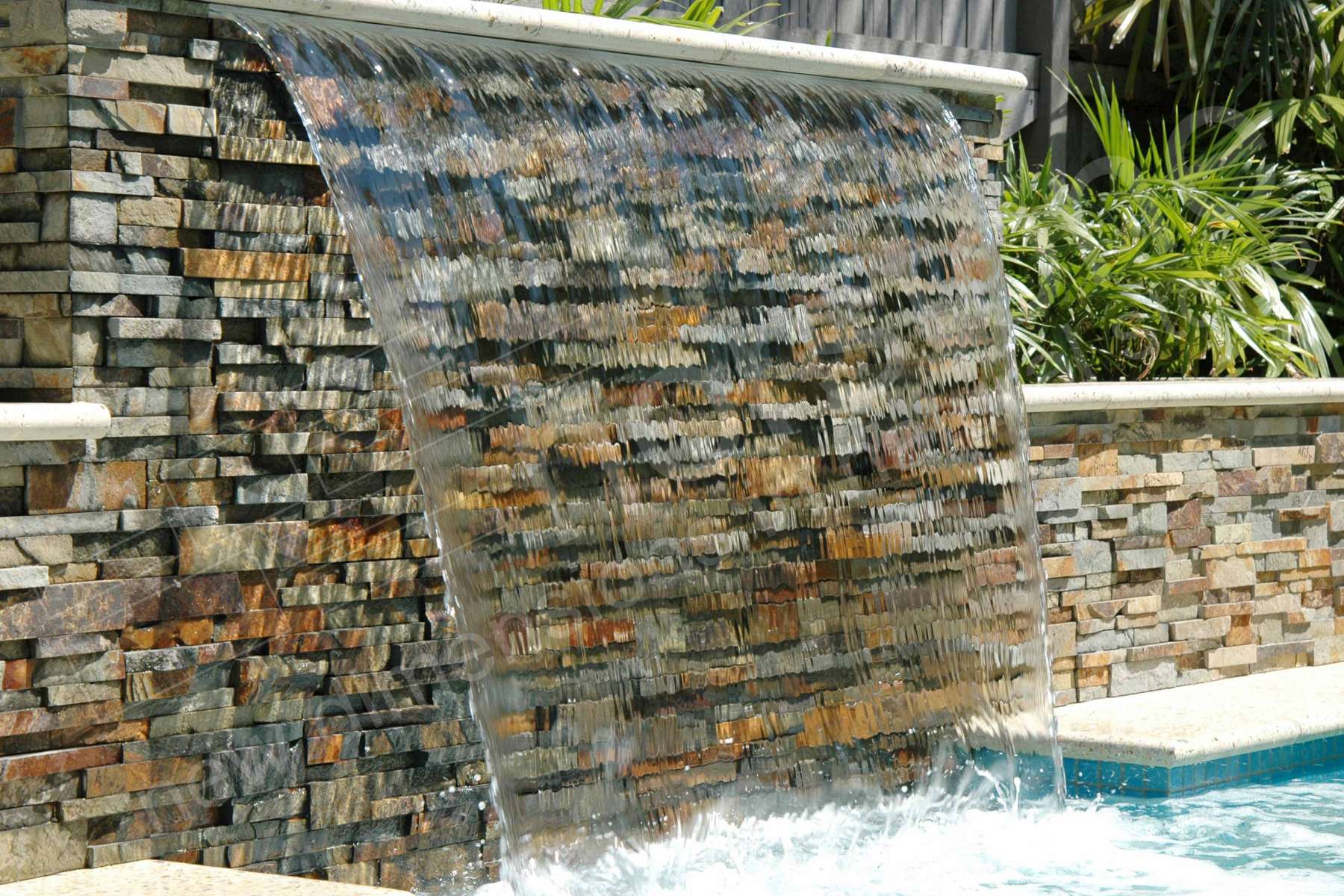 Ochre Stacked Stone Sheer Waterfall Pool Feature