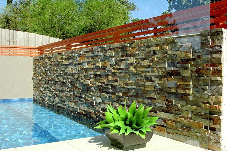 Ochre Stacked Stone Submerged Tile in Pool