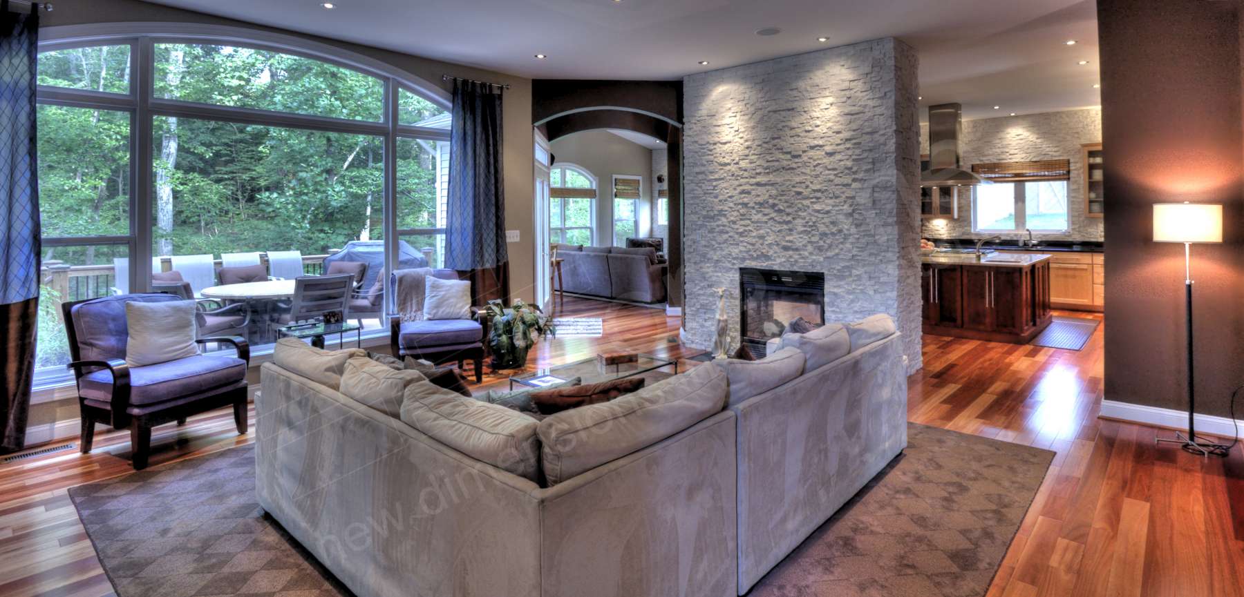 White Stacked Stone Firepace Living Room